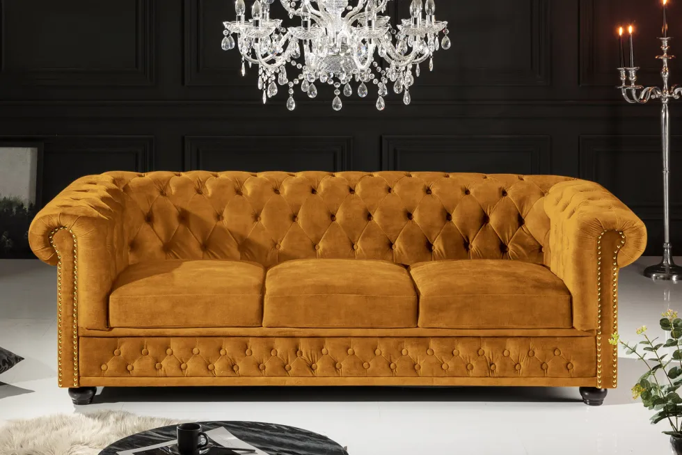 Barock Sofa CHESTERFIELD 205cm senfgelb Samt Federkern Knopfheftung 3-Sitzer Couch
