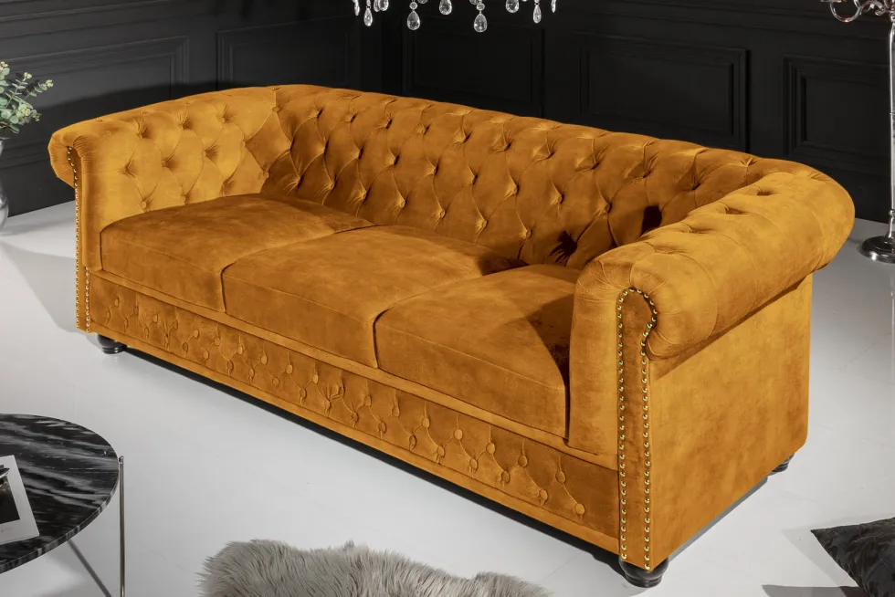 Barock Sofa CHESTERFIELD 205cm senfgelb Samt Federkern Knopfheftung 3-Sitzer Couch