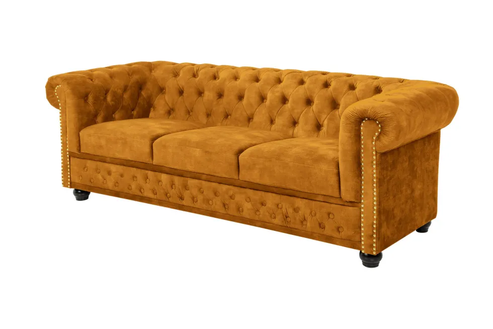 Barock Sofa CHESTERFIELD 205cm senfgelb Samt Federkern Knopfheftung 3-Sitzer Couch