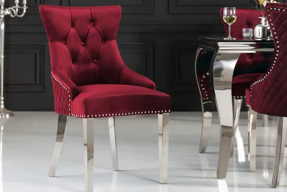 Barock Stuhl CASTLE DELUXE rot Samt Löwenkopf Chesterfield Design Esszimmerstuhl Nieten