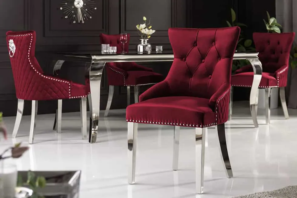 Barock Stuhl CASTLE DELUXE rot Samt Löwenkopf Chesterfield Design Esszimmerstuhl Nieten