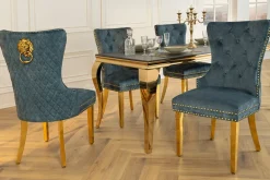 Barock Stuhl CASTLE DELUXE petrol Samt gold Edelstahl mit Löwenkopf Ziernieten