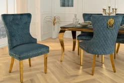 Barock Stuhl CASTLE DELUXE petrol Samt gold Edelstahl mit Löwenkopf Ziernieten