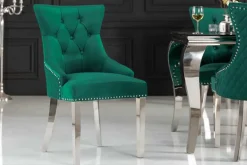 Barock Stuhl CASTLE DELUXE smaragdgrün Samt Edelstahl Löwenkopf