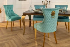 Barock Stuhl CASTLE DELUXE blau Samt gold Edelstahl mit Löwenkopf Chesterfield