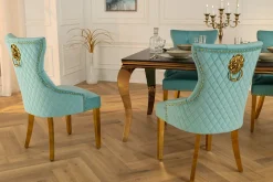 Barock Stuhl CASTLE DELUXE blau Samt gold Edelstahl mit Löwenkopf Chesterfield