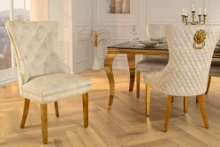 Barock Stuhl CASTLE DELUXE beige Samt gold Edelstahl mit Löwenkopf Ziernieten