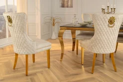 Barock Stuhl CASTLE DELUXE beige Samt gold Edelstahl mit Löwenkopf Ziernieten