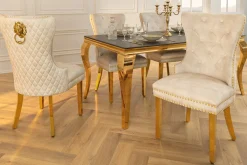 Barock Stuhl CASTLE DELUXE beige Samt gold Edelstahl mit Löwenkopf Ziernieten