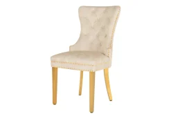 Barock Stuhl CASTLE DELUXE beige Samt gold Edelstahl mit Löwenkopf Ziernieten