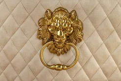 Barock Stuhl CASTLE DELUXE beige Samt gold Edelstahl mit Löwenkopf Ziernieten