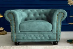 Barocker Sessel CHESTERFIELD petrol Samt Federkern goldene Nieten mit Knopfheftung