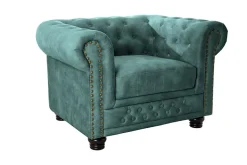 Barocker Sessel CHESTERFIELD petrol Samt Federkern goldene Nieten mit Knopfheftung