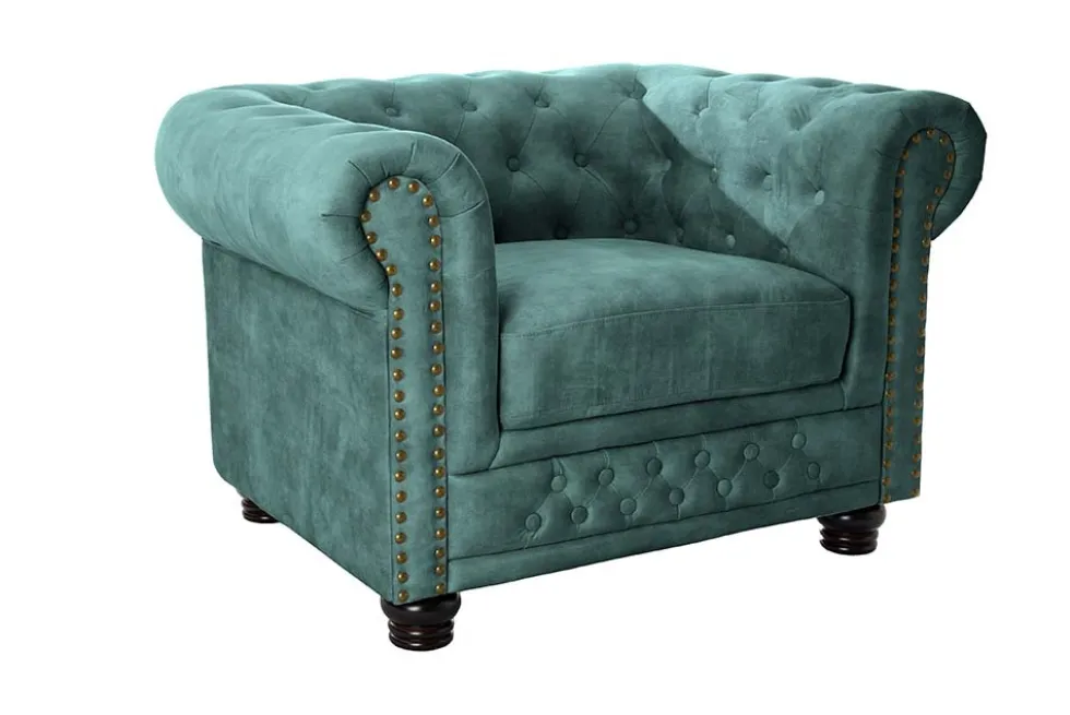 Barocker Sessel CHESTERFIELD petrol Samt Federkern goldene Nieten mit Knopfheftung