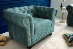 Barocker Sessel CHESTERFIELD petrol Samt Federkern goldene Nieten mit Knopfheftung