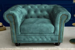 Barocker Sessel CHESTERFIELD petrol Samt Federkern goldene Nieten mit Knopfheftung