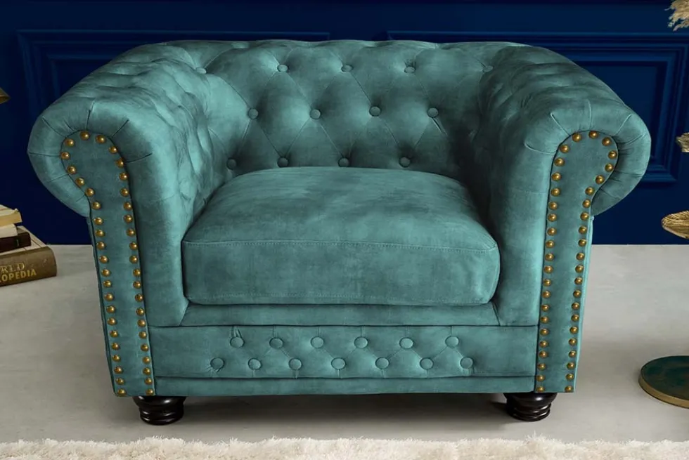 Barocker Sessel CHESTERFIELD petrol Samt Federkern goldene Nieten mit Knopfheftung