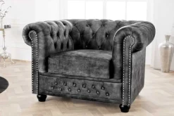 Barocker Sessel CHESTERFIELD grau Samt Federkern mit Knopfheftung