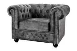 Barocker Sessel CHESTERFIELD grau Samt Federkern mit Knopfheftung