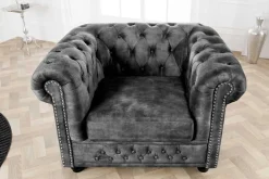 Barocker Sessel CHESTERFIELD grau Samt Federkern mit Knopfheftung