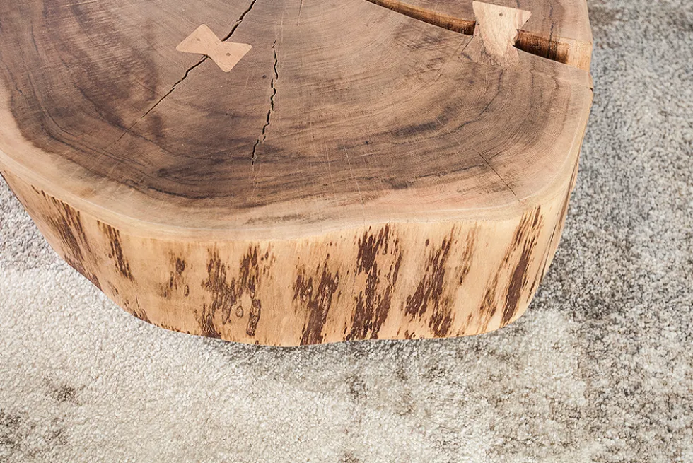 Baumstamm Couchtisch GOA 60cm natur Akazie Massivholz rund mit Rollen Unikat