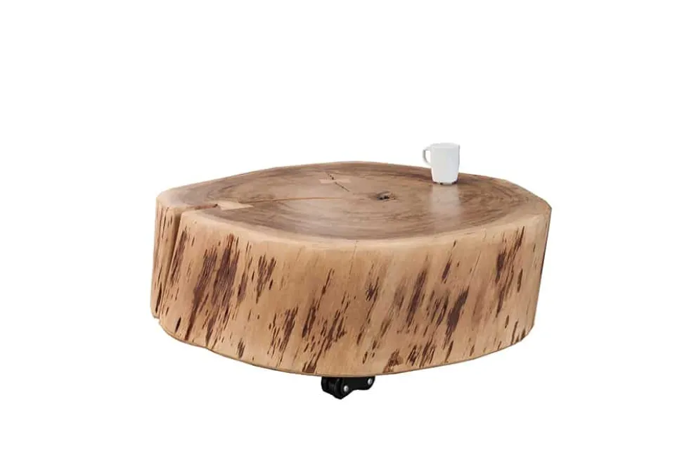 Baumstamm Couchtisch GOA 60cm natur Akazie Massivholz rund mit Rollen Unikat