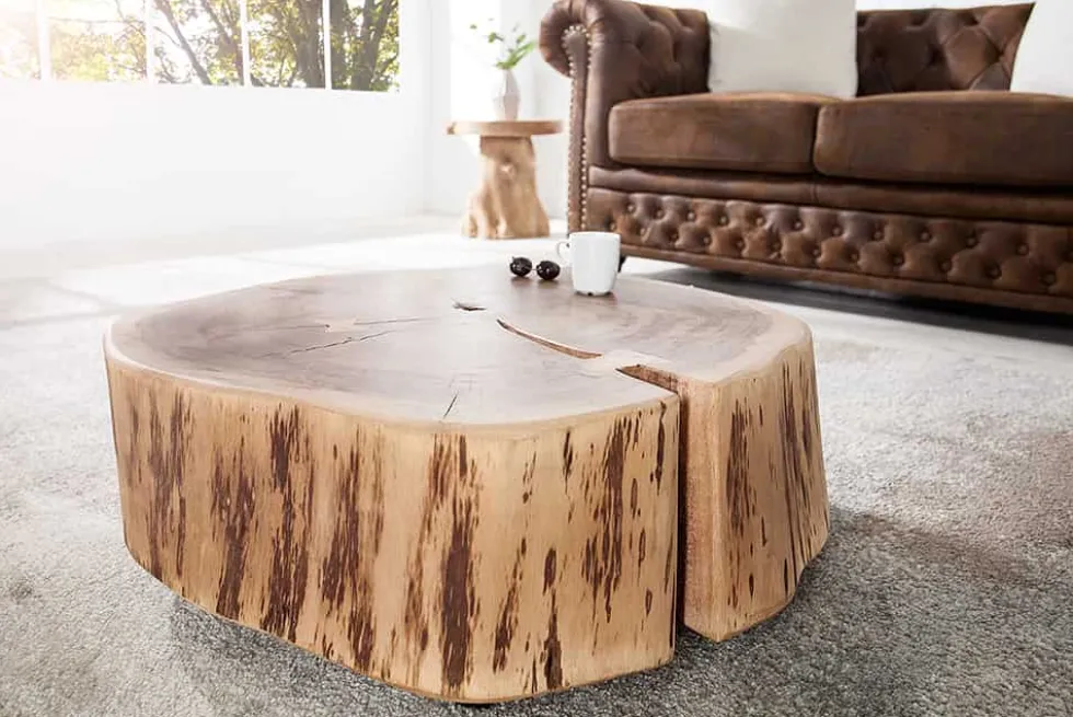 Baumstamm Couchtisch GOA 60cm natur Akazie Massivholz rund mit Rollen Unikat