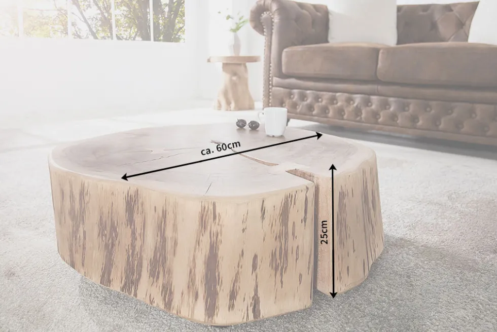 Baumstamm Couchtisch GOA 60cm natur Akazie Massivholz rund mit Rollen Unikat