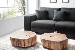 Baumstamm Couchtisch GOA 60cm natur Akazie Massivholz rund mit Rollen Unikat