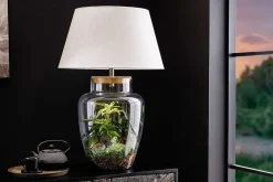 Befüllbare Tischlampe CLASSICO 75cm weiß transparent Glas mit Leinenschirm