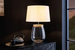 Befüllbare Tischlampe CLASSICO 60cm weiß transparent Glas mit Leinenschirm