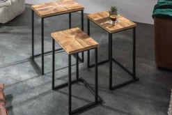 Beistelltisch 3er Set INDUSTRIAL 65cm Mangoholz handmade Mosaik schwarzes Metallgestell massiv