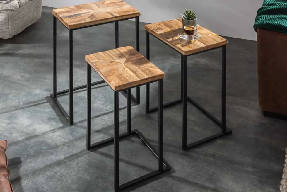 Beistelltisch 3er Set INDUSTRIAL 65cm Mangoholz handmade Mosaik schwarzes Metallgestell massiv