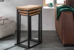 Beistelltisch 3er Set INDUSTRIAL 65cm Mangoholz handmade Mosaik schwarzes Metallgestell massiv