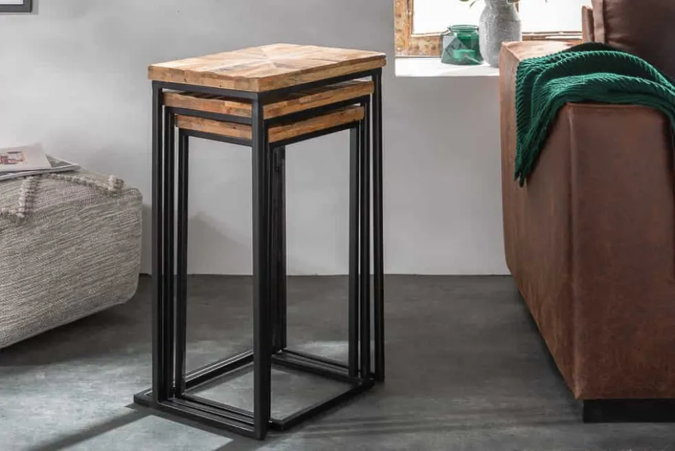 Beistelltisch 3er Set INDUSTRIAL 65cm Mangoholz handmade Mosaik schwarzes Metallgestell massiv