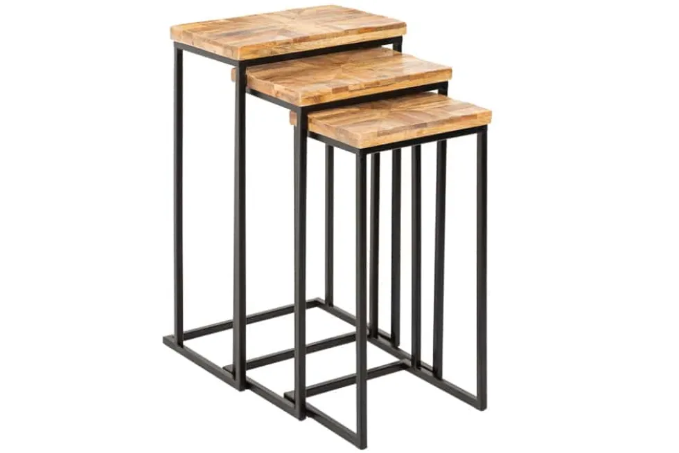 Beistelltisch 3er Set INDUSTRIAL 65cm Mangoholz handmade Mosaik schwarzes Metallgestell massiv