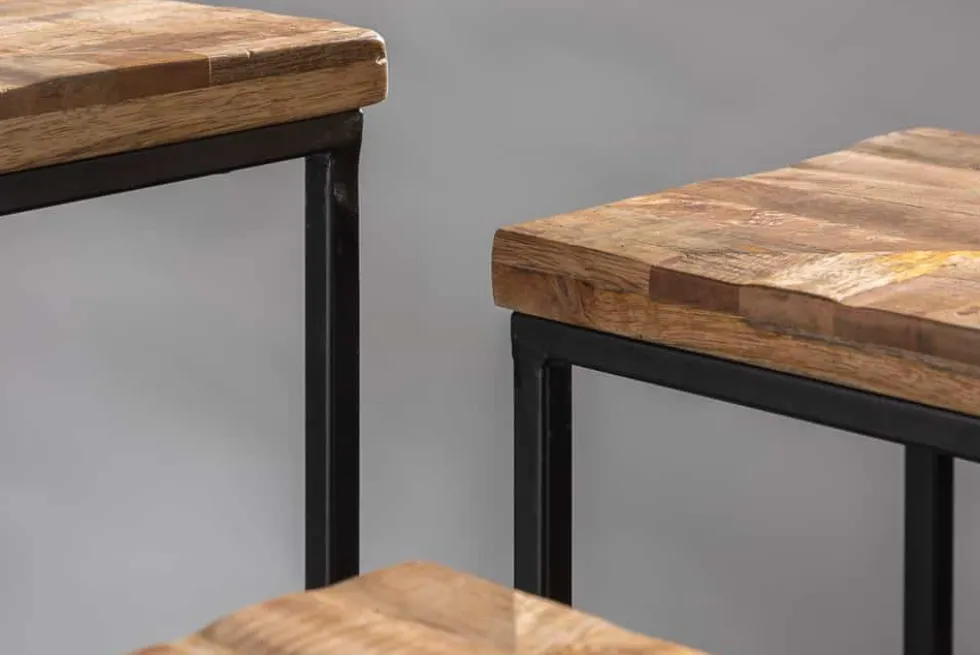 Beistelltisch 3er Set INDUSTRIAL 65cm Mangoholz handmade Mosaik schwarzes Metallgestell massiv