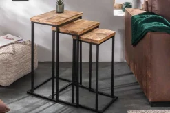 Beistelltisch 3er Set INDUSTRIAL 65cm Mangoholz handmade Mosaik schwarzes Metallgestell massiv