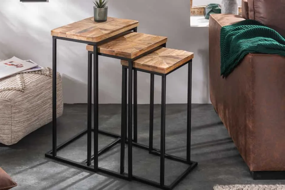 Beistelltisch 3er Set INDUSTRIAL 65cm Mangoholz handmade Mosaik schwarzes Metallgestell massiv