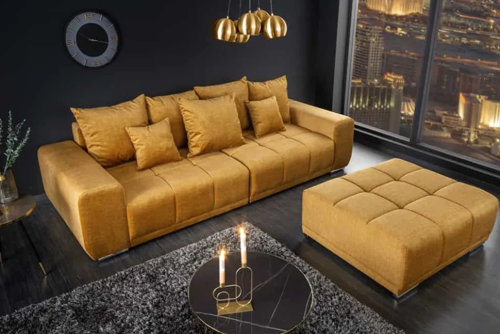 Big Sofa ELEGANCIA 285cm senfgelb Vogue Velours Samt XXL Couch inkl. Kissen Federkern