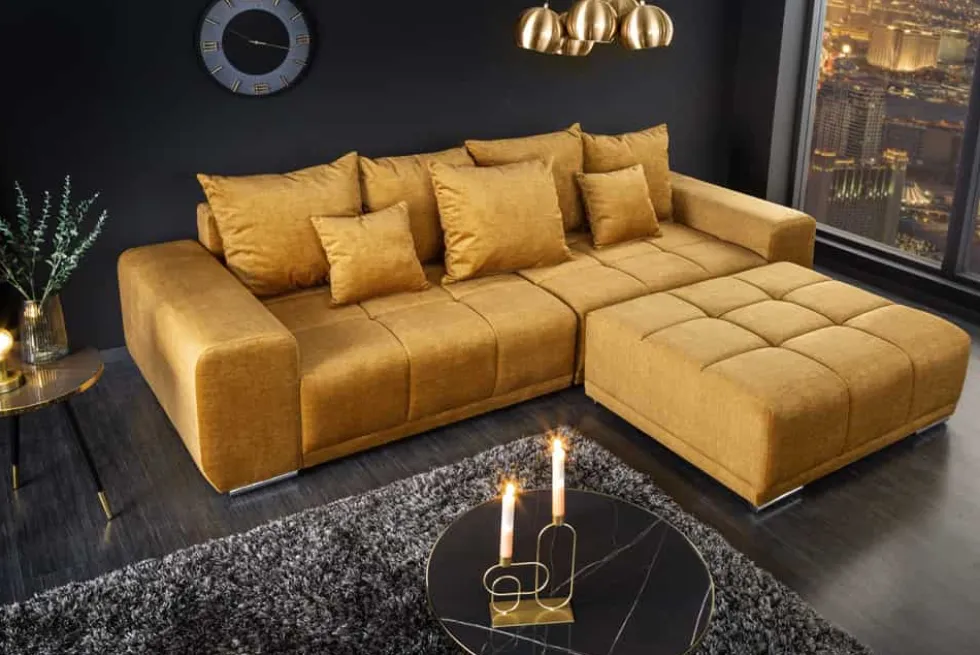 Big Sofa ELEGANCIA 285cm senfgelb Vogue Velours Samt XXL Couch inkl. Kissen Federkern