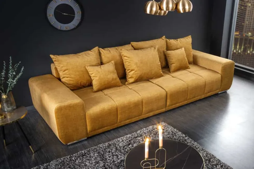 Big Sofa ELEGANCIA 285cm senfgelb Vogue Velours Samt XXL Couch inkl. Kissen Federkern