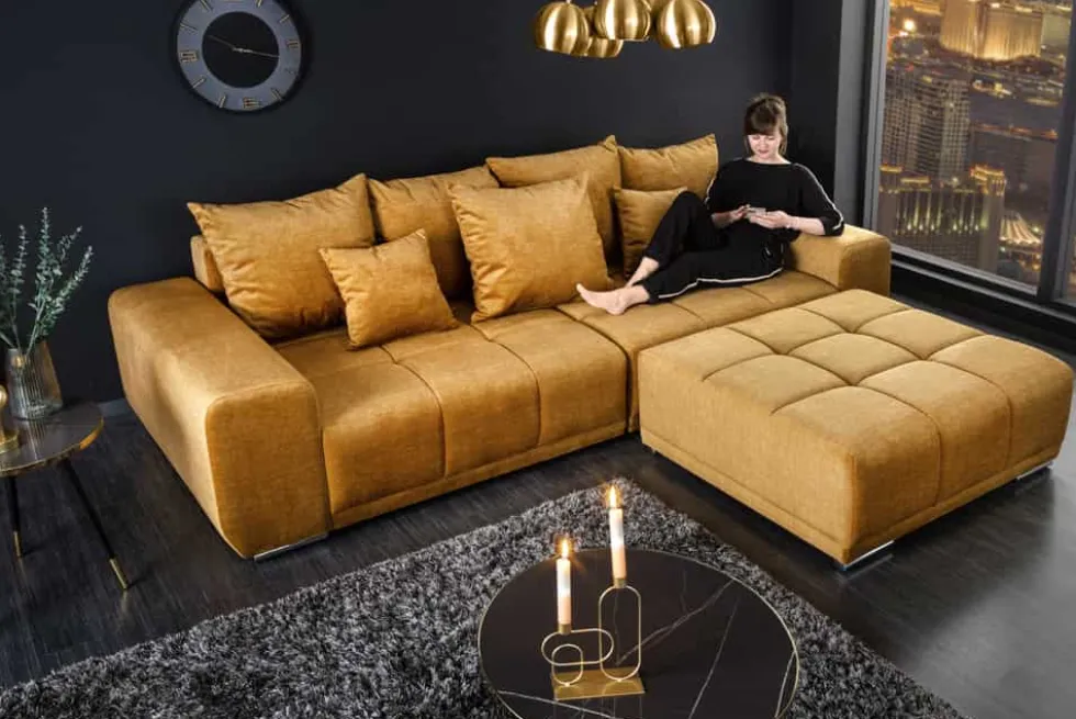 Big Sofa ELEGANCIA 285cm senfgelb Vogue Velours Samt XXL Couch inkl. Kissen Federkern