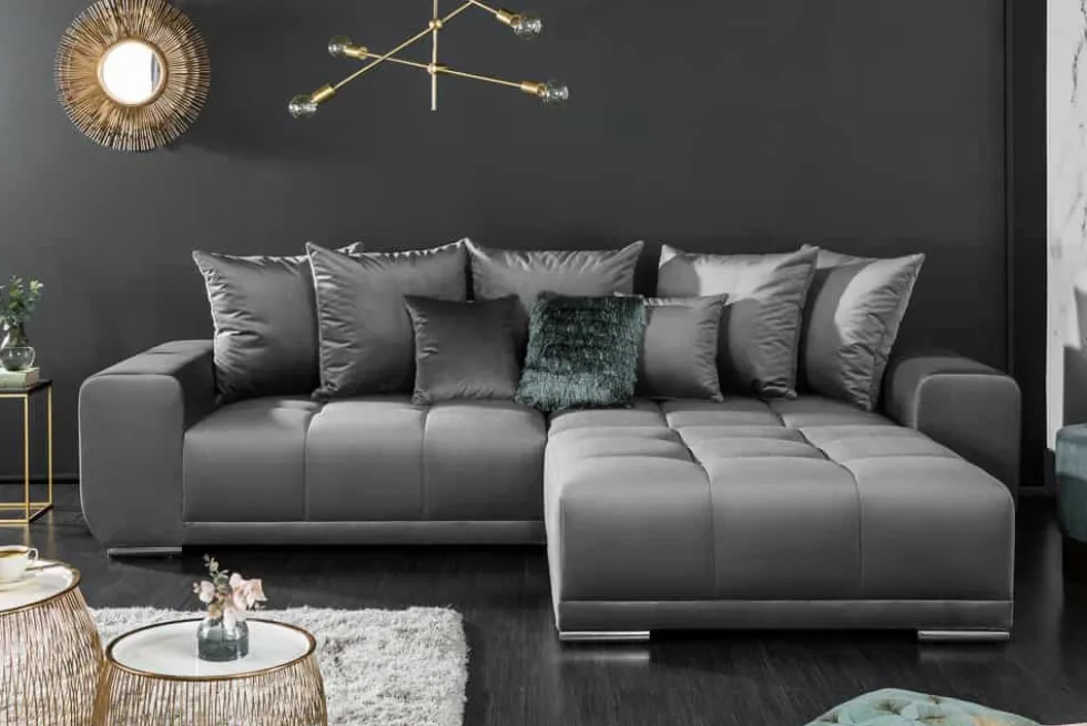 Big Sofa ELEGANCIA 285cm silbergrau Samt XXL Couch inkl. Kissen Federkern