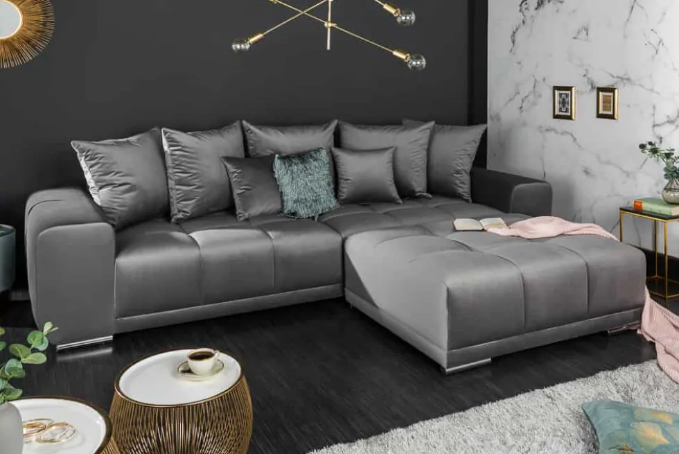 Big Sofa ELEGANCIA 285cm silbergrau Samt XXL Couch inkl. Kissen Federkern