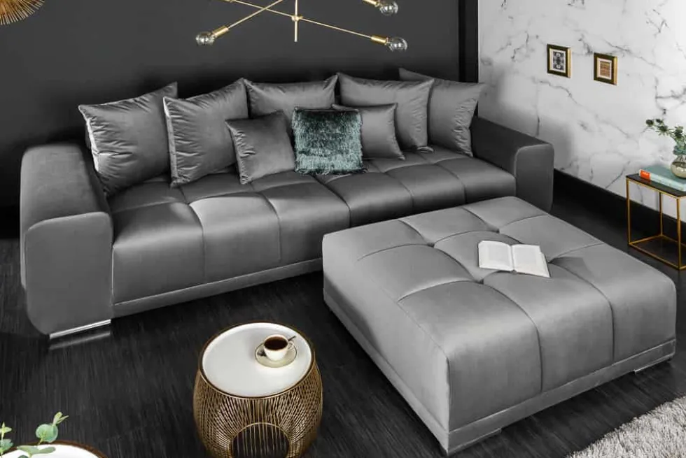 Big Sofa ELEGANCIA 285cm silbergrau Samt XXL Couch inkl. Kissen Federkern