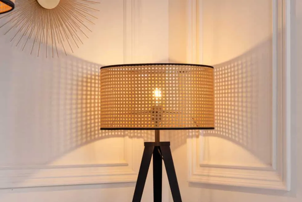 Boho Stehlampe VIENNA 142cm natur schwarz Wiener Geflecht Metall Dreifuß Stehleuchte