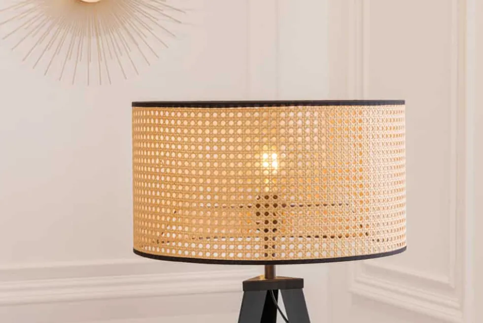 Boho Stehlampe VIENNA 142cm natur schwarz Wiener Geflecht Metall Dreifuß Stehleuchte