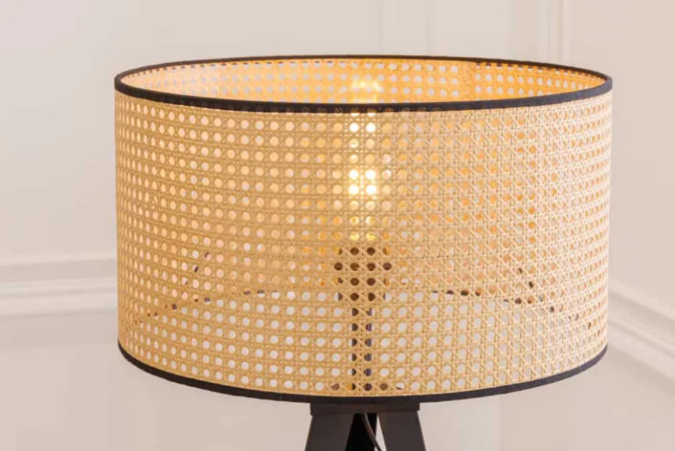 Boho Stehlampe VIENNA 142cm natur schwarz Wiener Geflecht Metall Dreifuß Stehleuchte