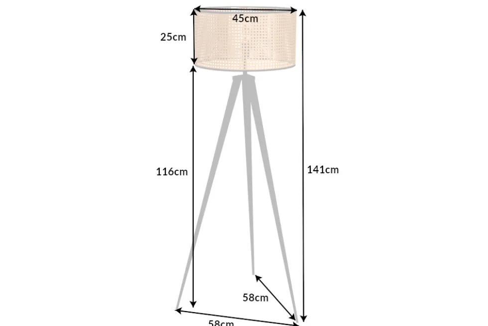 Boho Stehlampe VIENNA 142cm natur schwarz Wiener Geflecht Metall Dreifuß Stehleuchte
